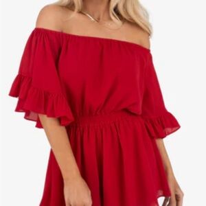 Kittenish Off-Shoulder Red Romper